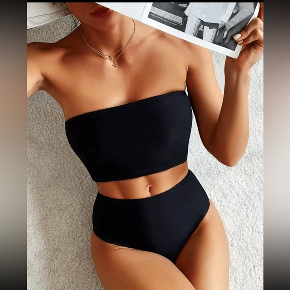 Boho solid black tube bikini swimsuit